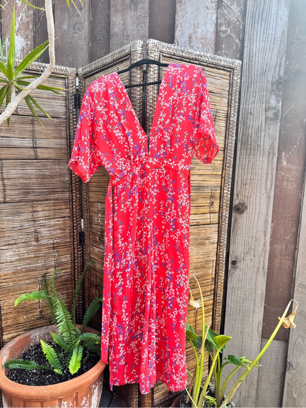 Moon River Red Floral Wrap Dress with Blue & White Blooms